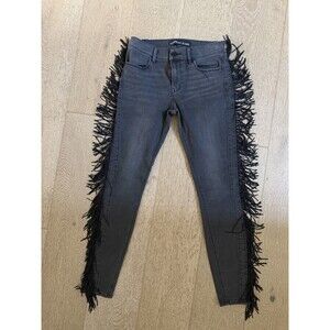 Women’s Express Mid Rise Black Fringe Jeans  Dark Wash Cowgirl Denim Size 4R
